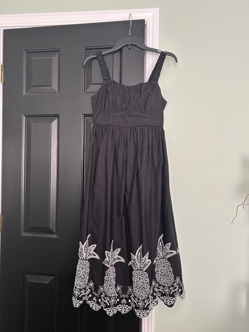 London Times Black Midi Dress with White Pineapple Embroidery